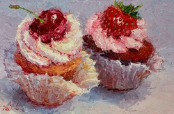 Two Cupcakes I by Lana Okiro - Original Painting on Board sized 9x6 inches. Available from Whitewall Galleries